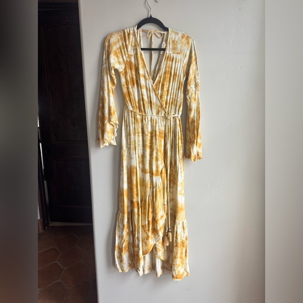 Boho Tie Dye Maxi Dress Band of Gypsies Bell Sleeve Festival Wrap S Western
